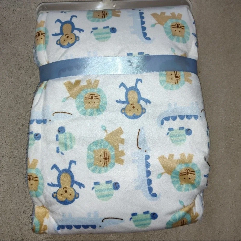 Luvable‎ Friends Baby Boy Blue Safari Plush Blanket Monkey Lion Alligator Sherpa